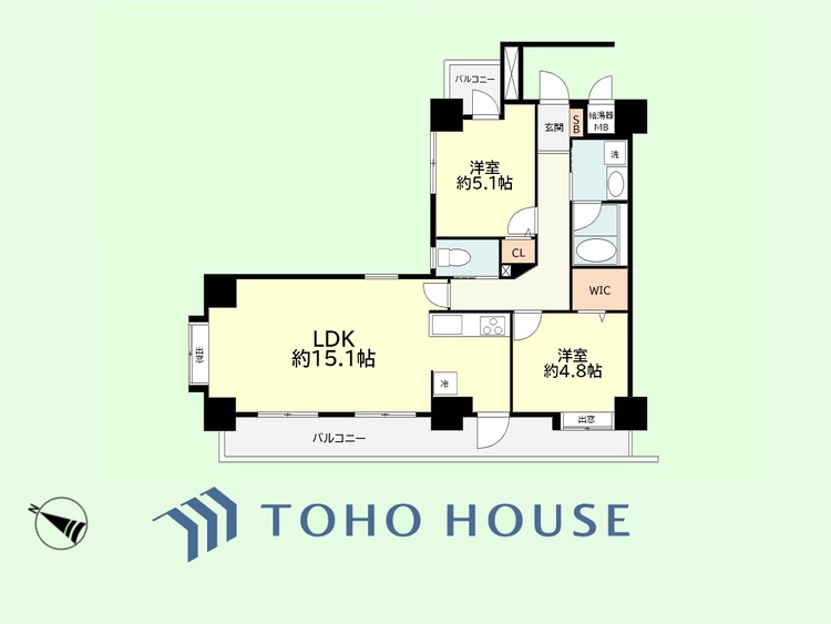 間取り 2LDK　専有面積63.77平米、バルコニー面積14.82平米