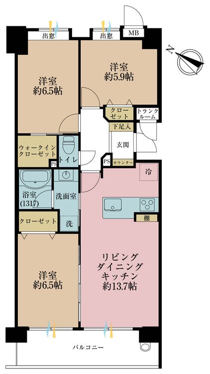 間取り ３ＬＤＫ、専有面積７１．５０平米、バルコニー面積９．３平米