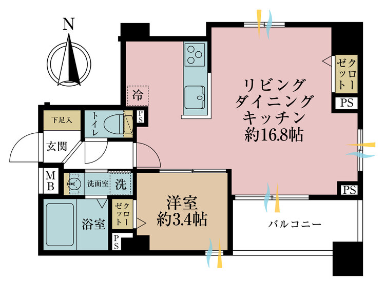 間取り 1LDK、専有面積41.94m2、バルコニー面積5.1m2