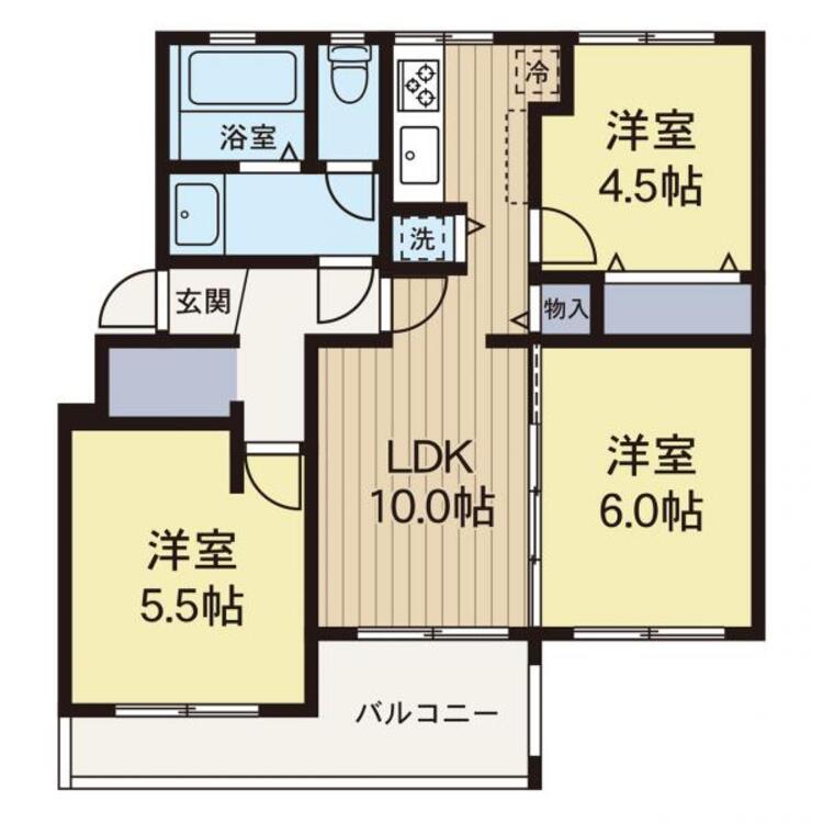 間取り バルコニーが特徴的なお部屋です。南面に面してお部屋は明るく過ごしやすいです。