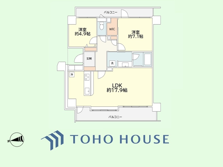 間取り 2LDK　専有面積72.27平米、バルコニー面積17.48平米