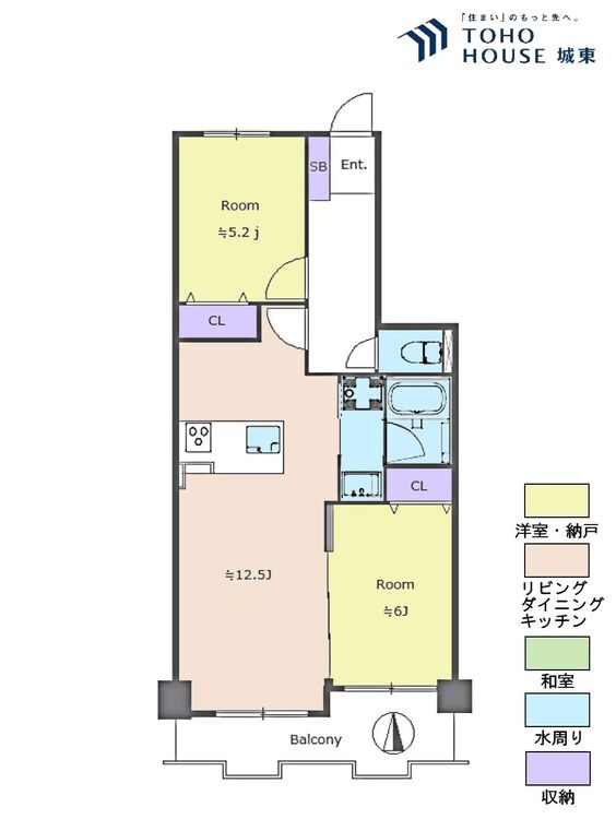 間取り ２ＬＤＫ、専有面積５５．１８平米、バルコニー面積７．１３平米