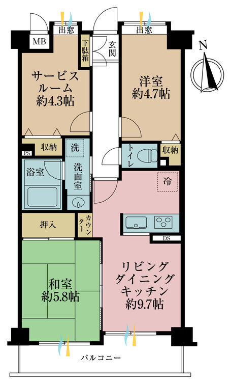 間取り ２ＳＬＤＫ、専有面積５５．９６平米、バルコニー面積６．１９平米