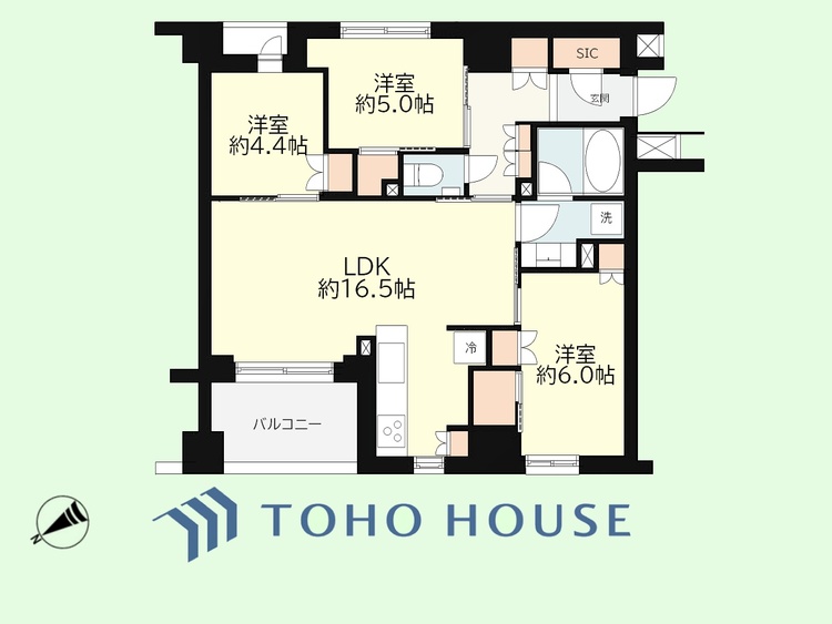 間取り 3LDK　専有面積74.39平米、バルコニー面積6.72平米