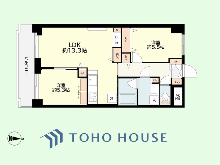 間取り 2LDK+LIN　専有面積55.27平米、バルコニー面積6.97平米