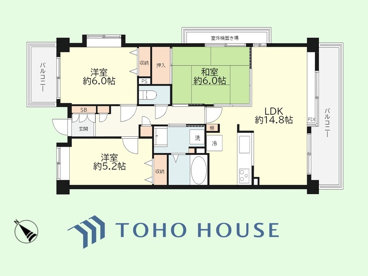 間取り 3LDK　専有面積71.39平米、バルコニー面積13.1平米