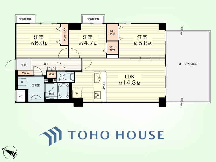 間取り 3LDK　専有面積68.4平米、ルーフバルコニー面積34.02平米