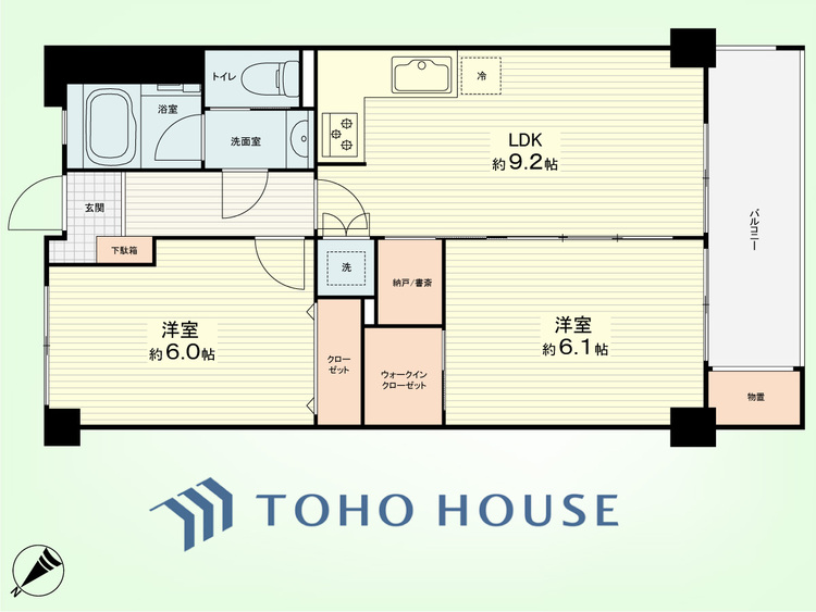 間取り 2LDK＋DEN　専有面積50.92平米、バルコニー面積6.48平米