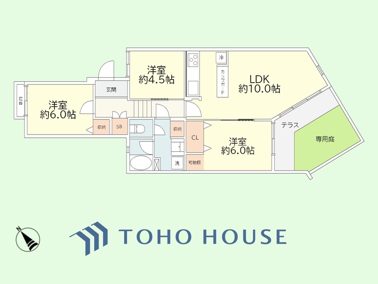 間取り 3LDK　専有面積73.2平米、専用庭面積14.09平米
