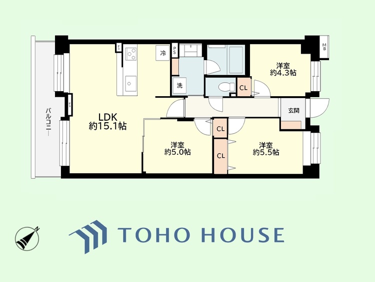 間取り 3LDK　専有面積67.1平米、バルコニー面積8.53平米