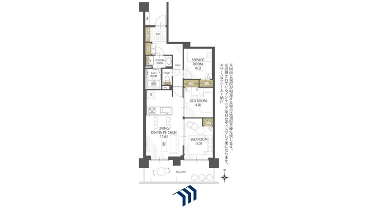 間取り リビングと洋室がバルコニーに面した、採光の良い2LDK+Sの間取りです。全居室にクローゼットがあり、収納力も豊富。サービスルームは多様な使い方が可能で、ファミリーや二人暮らしに最適です。