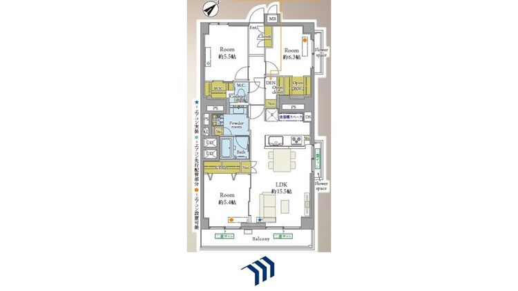 間取り 南向きバルコニーに面した明るいLDKは15.5帖と広々。洋室2部屋とDEN（書斎）があり、収納も豊富。水回りの動線もスムーズで、ファミリー層に最適な間取りです。