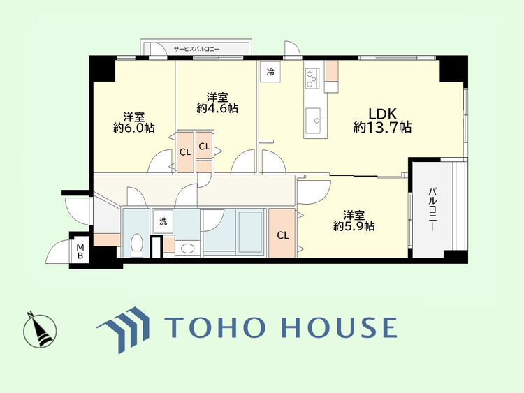 間取り 3LDK　専有面積68.21平米、バルコニー面積6.59平米