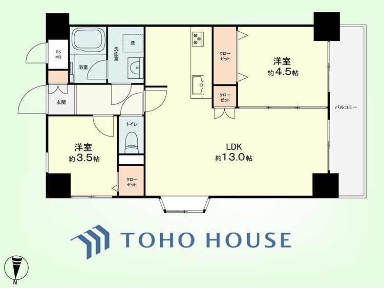 間取り 2LDK　専有面積50.76平米、バルコニー面積6.48平米