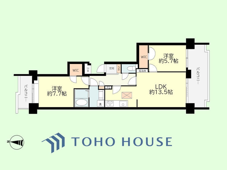 間取り 2LDK　専有面積61.8平米、バルコニー面積17.08平米