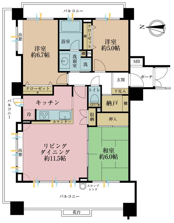 間取り ３ＳＬＤＫ、専有面積７３．５０平米、バルコニー面積３３．８８平米