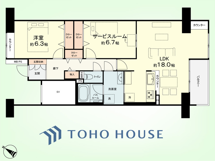 間取り 1SLDK　専有面積73.84平米、バルコニー面積4.8平米