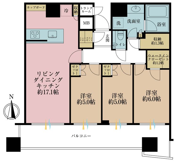 間取り 3LDK、専有面積77.61?、バルコニー面積19.62? 