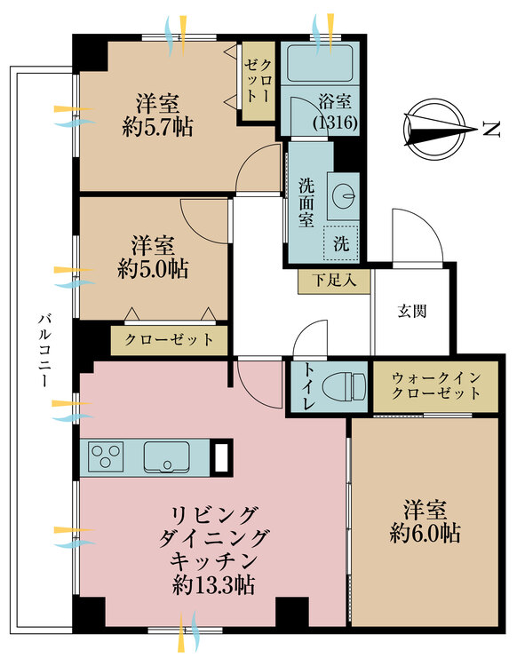 間取り 3LDK、専有面積65.05m2、バルコニー面積7.38m2