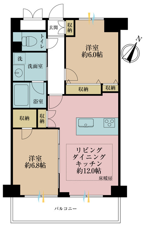 間取り 2LDK、専有面積56.84m2、バルコニー面積8.12m2