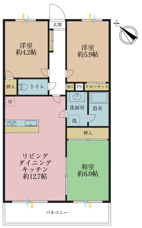 その他 3LDK、専有面積61.41?、バルコニー面積9.6? 