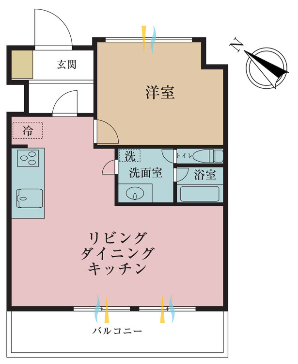 間取り 1LDK、専有面積38.61m2、バルコニー面積4.77m2