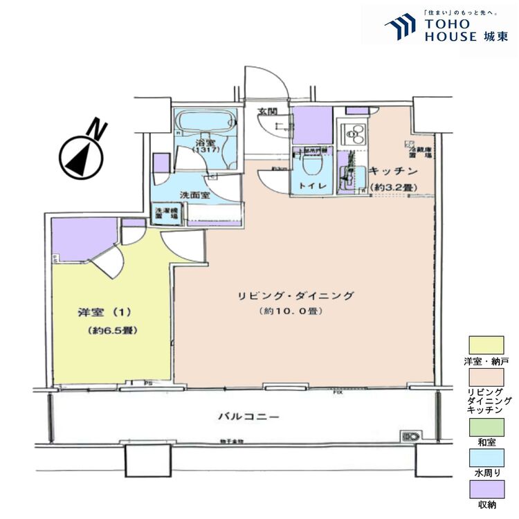 間取り １ＬＤＫ、専有面積５４．９８平米、バルコニー面積９．４平米