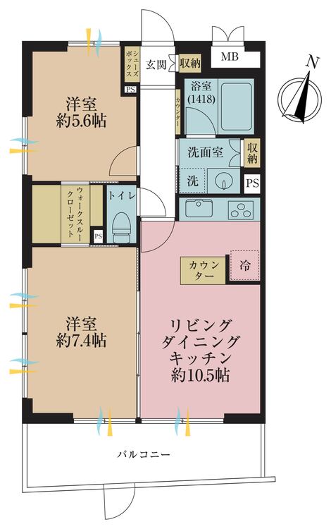 間取り ２ＬＤＫ、専有面積５６．６４平米、バルコニー面積１０．１２平米