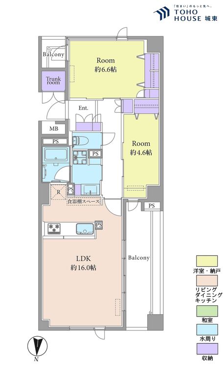 間取り ２ＬＤＫ、専有面積６７．０２平米、バルコニー面積１２．８８平米