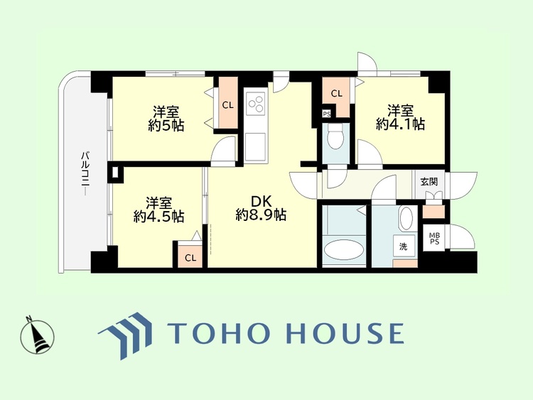 間取り 3DK　専有面積50.22平米、バルコニー面積7.04平米
