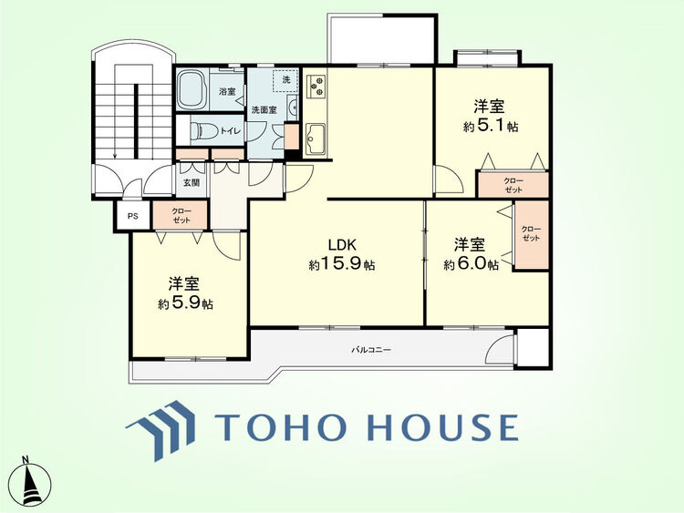 間取り 3LDK　専有面積75.84平米、バルコニー面積11.75平米