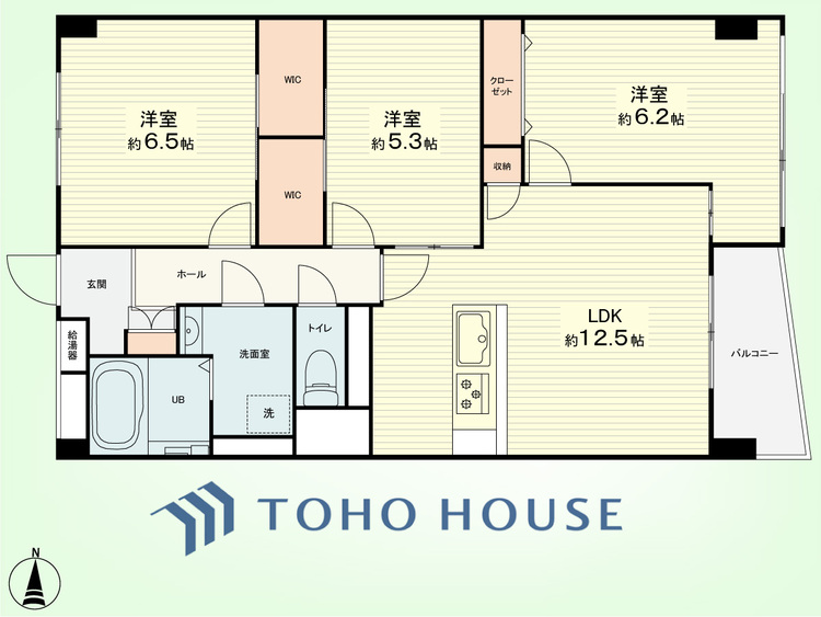 間取り 3LDK　専有面積76.84平米、バルコニー面積4.44平米