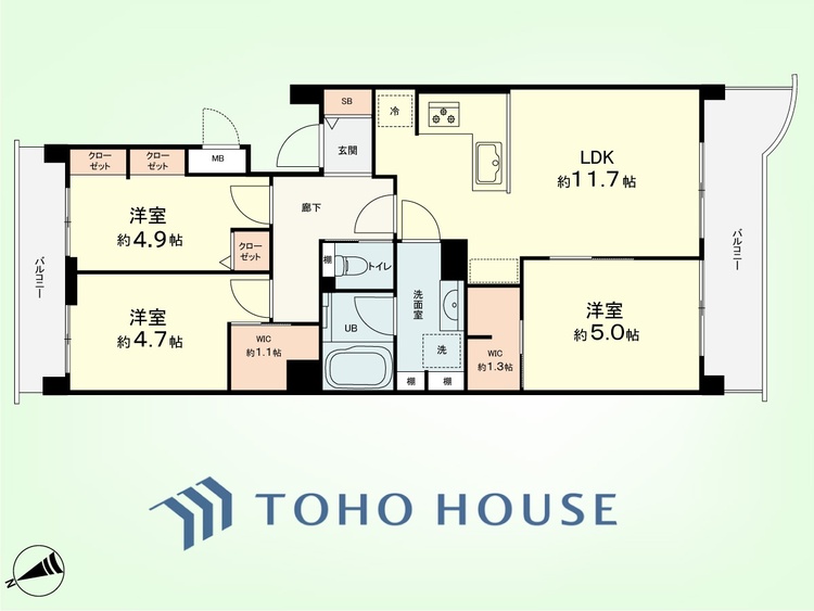 間取り 3LDK　専有面積61.20平米、バルコニー面積11.05平米