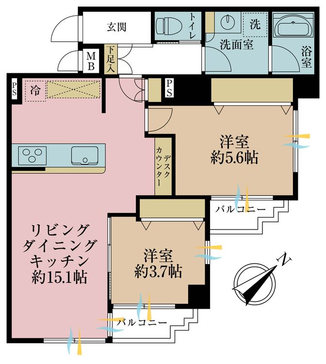 間取り ２ＬＤＫ、専有面積５７．７平米、バルコニー面積３．５５平米