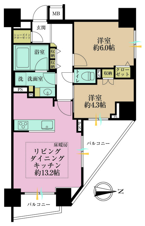 その他 2LDK、専有面積57.66m2、バルコニー面積9.63m2