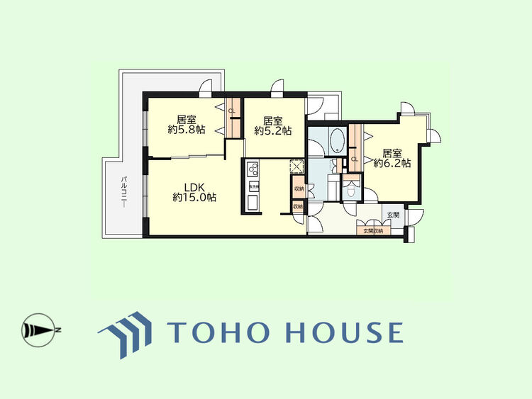 間取り 3LDK　専有面積75.08平米、バルコニー面積15.81平米