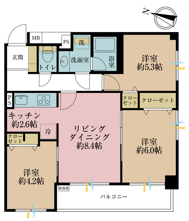 間取り 2LDK+S（納戸）、専有面積62.13m2、バルコニー面積6.59m2