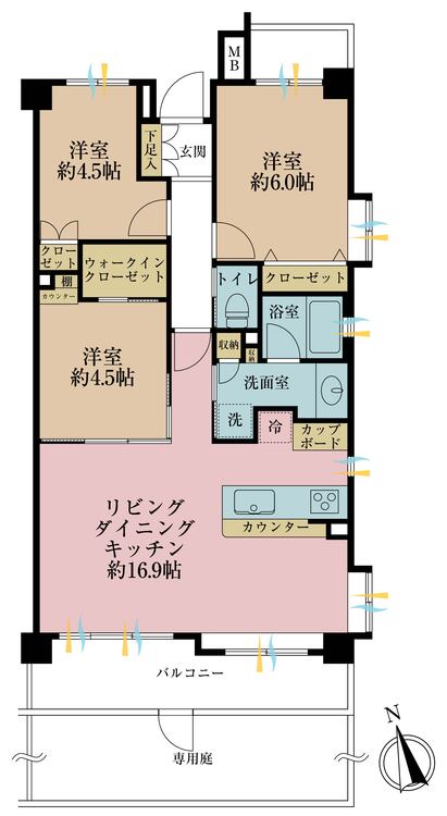 間取り 3LDK、専有面積72.22m2、バルコニー面積8.73m2