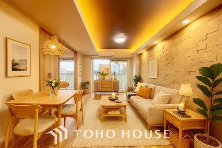 内装 ＊配置してある家具や小物はCGによるイメージ画像です。忙しい朝でもしっかり家族が揃って食事をして頂けるゆとりある大きさのダイニングスペース。リビングと和室の続き間は急な来客時になど使い勝手が良いです。