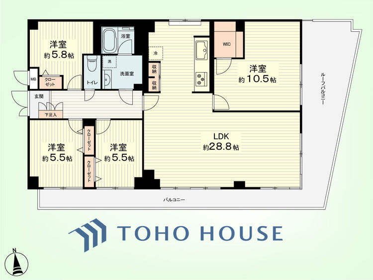 間取り 4LDK　専有面積127.50平米、バルコニー面積16.02平米、ルーフバルコニー面積18.87平米