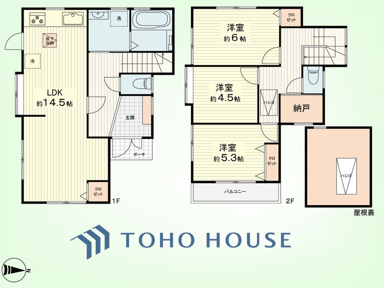 間取り 3LDK+屋根裏、納戸 土地面積101.04平米、建物面積82.8平米
