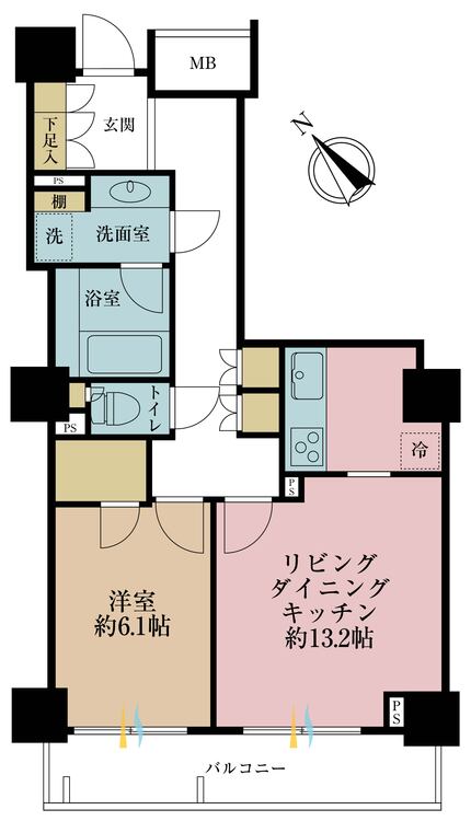 間取り 1LDK、専有面積55.22m2、バルコニー面積9.19m2