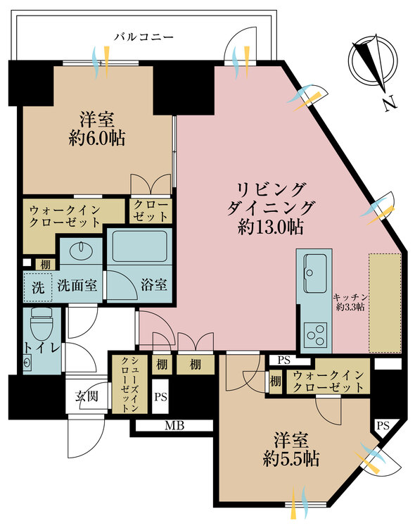 間取り 2LDK、専有面積65.29m2、バルコニー面積6.1m2