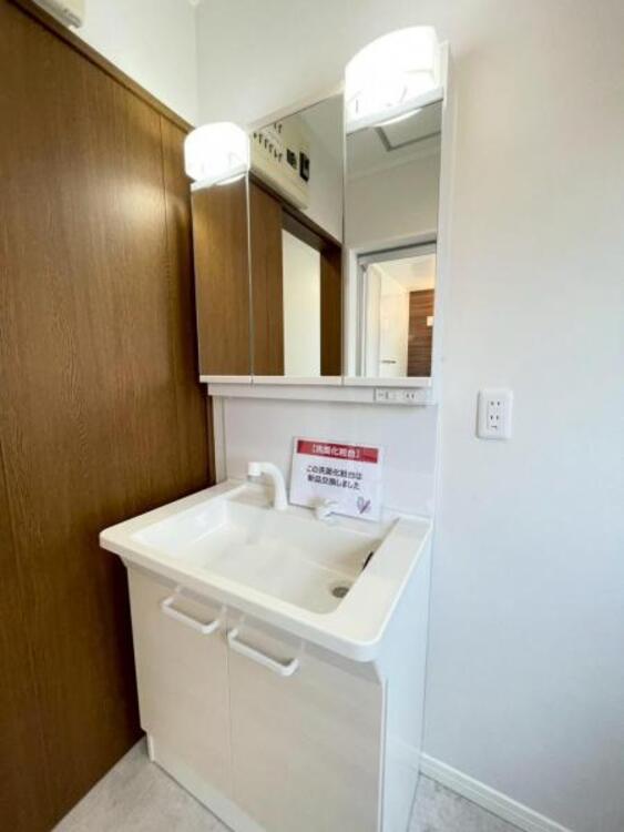 洗面 鏡面裏が収納となっており小物もすっきりと収納できる洗面台 