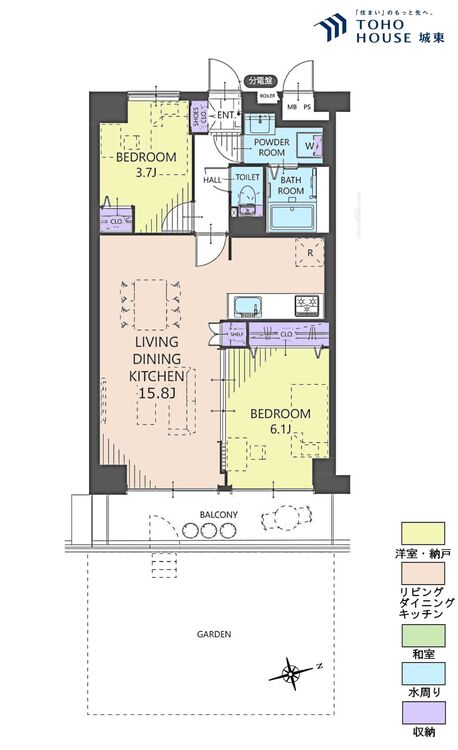 間取り ２ＬＤＫ、専有面積５８．８平米、バルコニー面積８．３３平米、専用庭面積２４平米