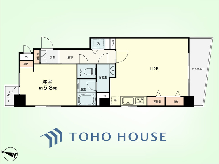 間取り 1LDK　専有面積44.63平米、バルコニー面積13.15平米
