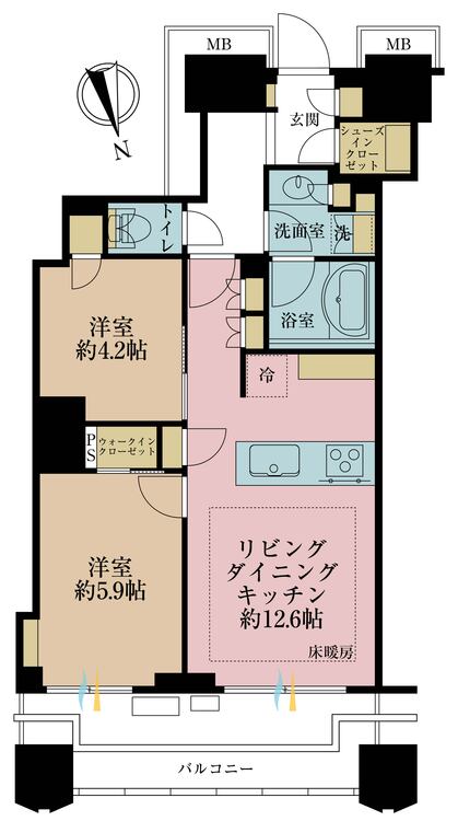 外観 2LDK、専有面積58.03m2、バルコニー面積11.29m2