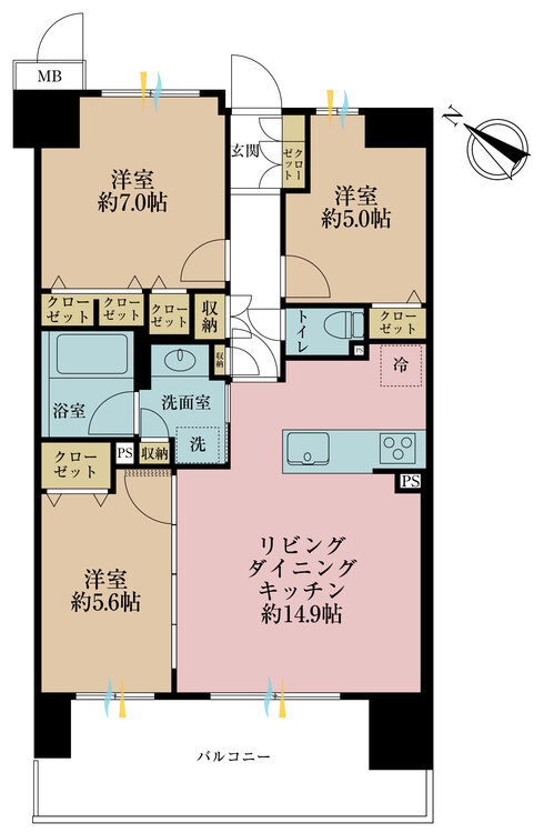 間取り 3LDK、専有面積70.68m2、バルコニー面積12.8m2