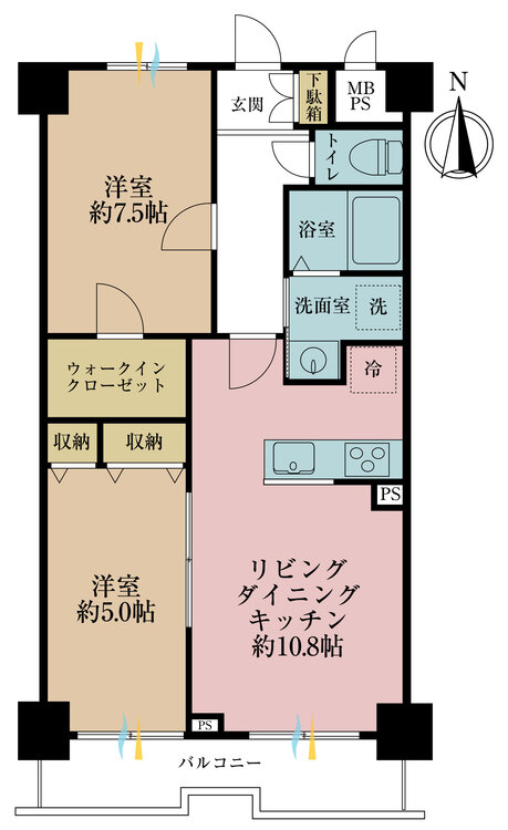 間取り 2LDK、専有面積50.88m2、バルコニー面積5.36m2