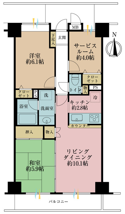 間取り 3LDK、専有面積63.42m2、バルコニー面積7.22m2